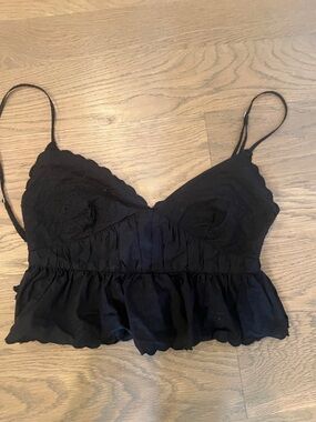 Zara Black Scalloped Lace Trim Peplum Crop Top